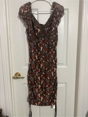 ROMWE Brown Mushroom-Print V-Neck Dress